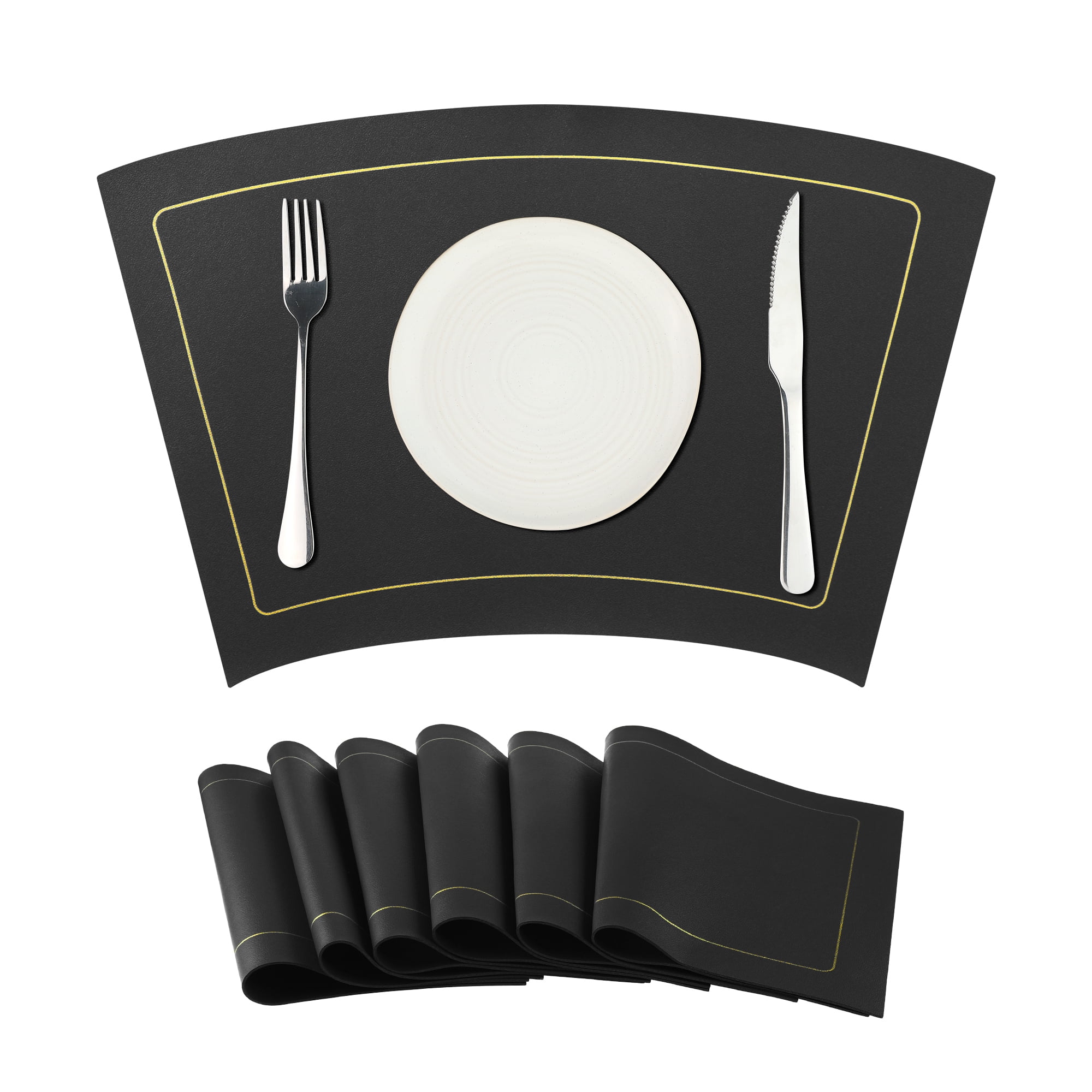 Unique Bargains Set of 6 Wedge Faux Leather Heat Resistant Wipe Clean Round Table Mats Black