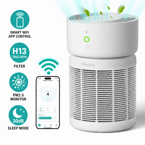 PhiloDeco HEPA Air Purifier, Covers Up to 3,500 sq ft, PM2.5 Air Quality Monitoring, Smart WiFi Control, Auto, Pet, And Sleep Modes, Effectively Removes Dust, Pollen, And Wildfire Smoke