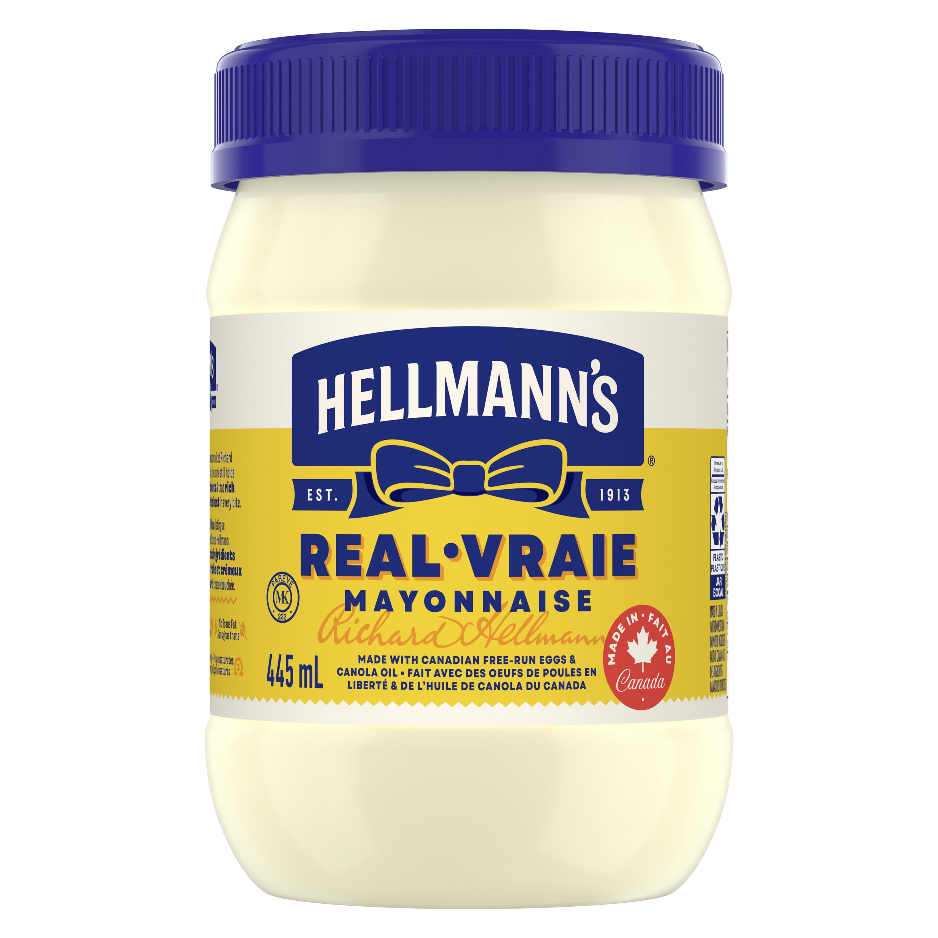 Mayonnaise véritable Hellmann’s, sans gluten et casher, avec œufs de poules élevées en liberté au Canada et huile de canola, 445 ml