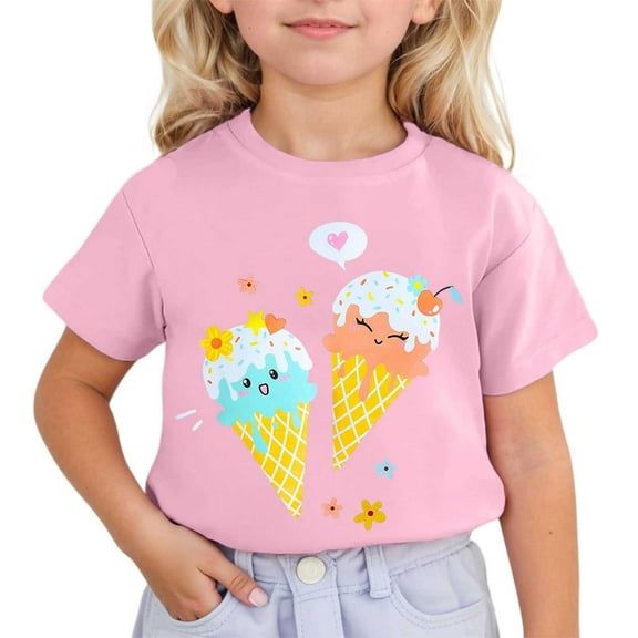 Summer Tops Kids Summer Cute Ice Cream Prints Short Sleeved Round Neck T Shirt Toddler Casual Breathable Tops Boys T Shirts Pink 3 Years-4 Years