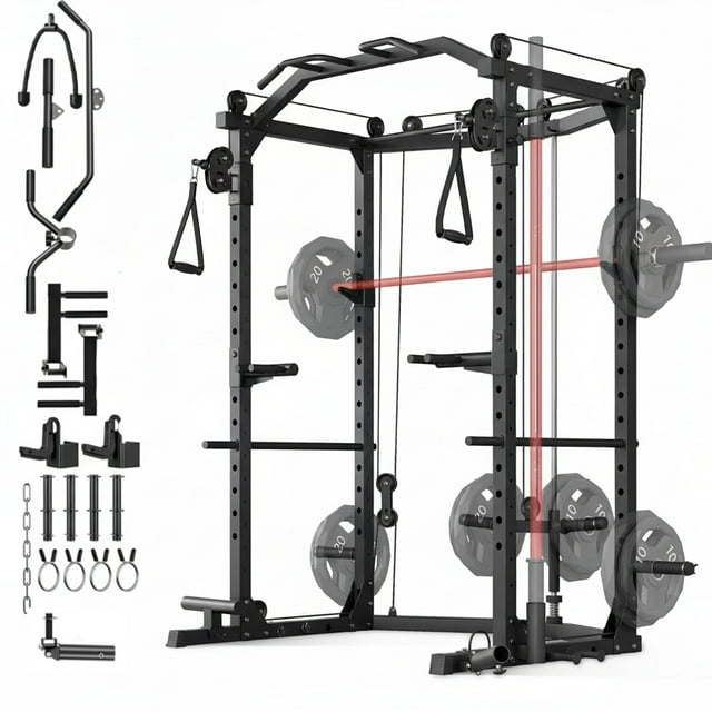 JoanKaren Power Rack Cage,2000lbs Heavy Duty Steel Squat Rack with LAT-Pull Down System,Pulley System & Dip Station,Black