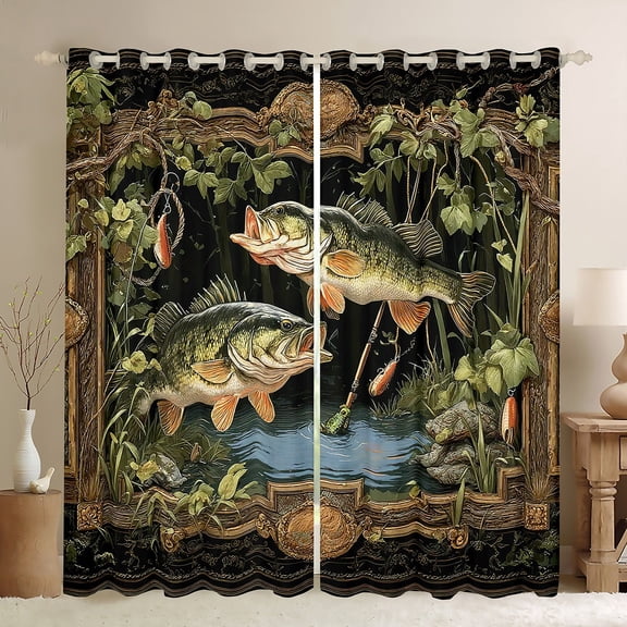 Manfei Bass Fish Blackout Curtains,Green Brown Curtains Pack of 2 (38x45 Each),Fishing Hunting Window Curtains,Teenagers Bedroom Decor