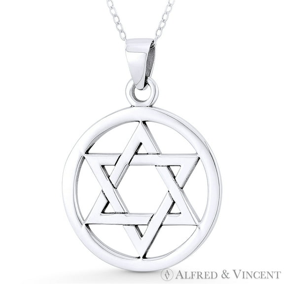 Star of David / Jewish Magen Charm & 1" Circle Pendant & Chain Necklace in .925 Sterling Silver