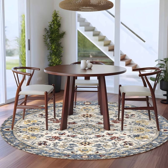 Bohemian Floral 5ft Round Rug for Dining Table for 4 People Under Table Placement, Retro Washable Non Slip Circle Area Rug