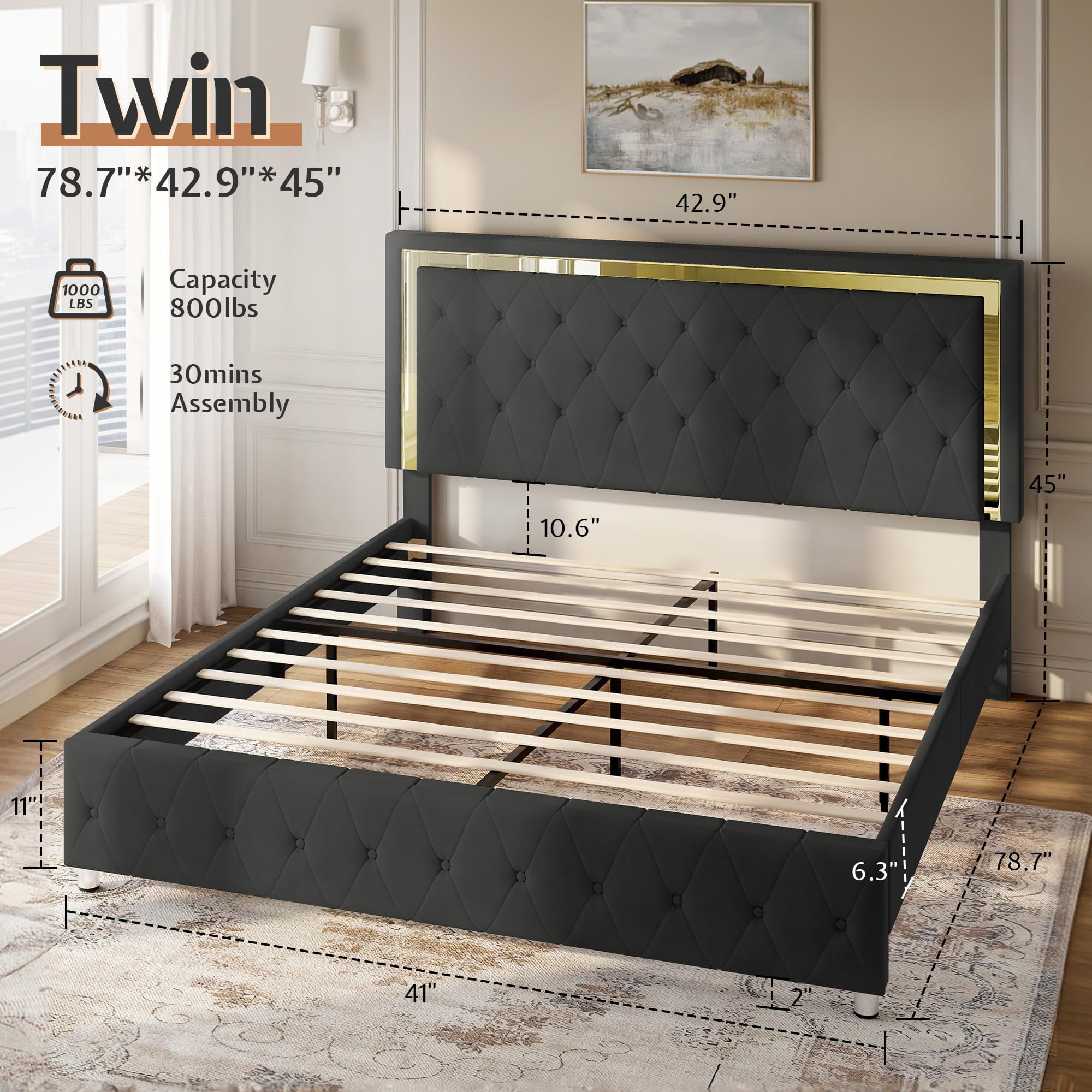 Merluxy Twin Size Bed Frame with Led Lights Headboard, Acrylic Mirror Accents, No Box Spring Needed, Velvet Upholstered Black