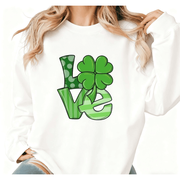 St Patricks Day Love Clover Print Graphic Sweatshirt White S-2XL Womens Lucky Holiday Tops