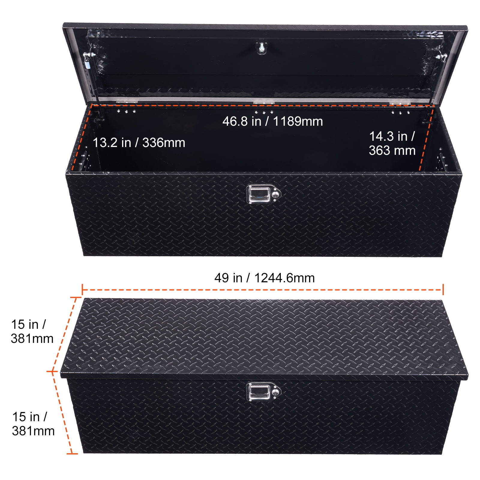 KFFKFF Heavy Duty Aluminum Truck Bed Tool Box, Diamond Pattern Storage Chest with Side Handles and Lock Keys, Organizer for Trailers, Pickups, Truck Beds, RVs, 49"x15"x15", Black