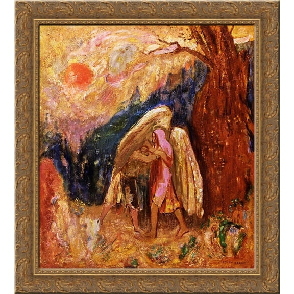 Jacob Wrestling with the Angel 20x20 Gold Ornate Wood Framed Canvas Art by Redon, Odilon