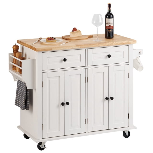 Carrito con isla de cocina VEVOR con tapa de madera maciza, 90 cm, blanco