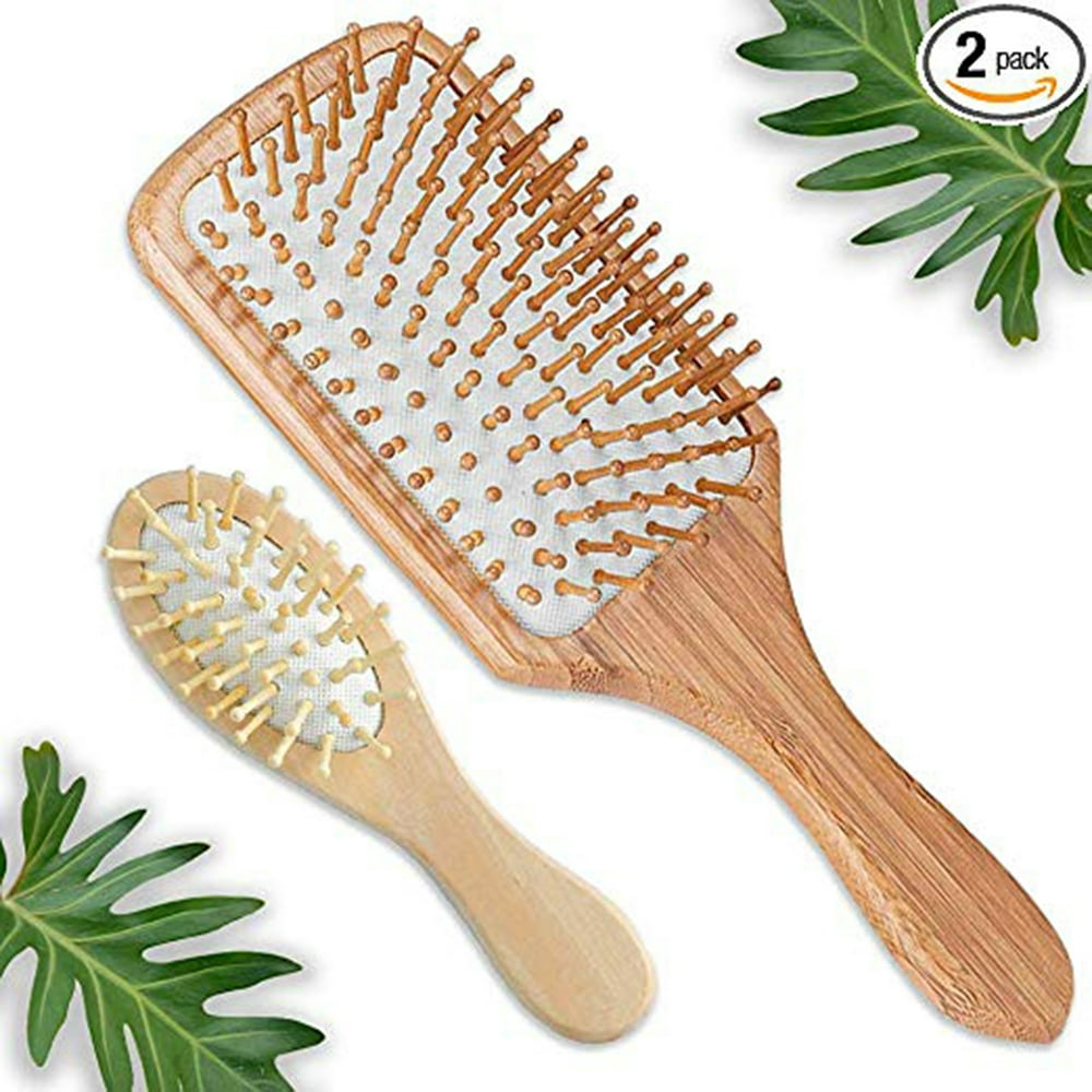 Wooden Detangling Paddle Hair Brush + Free Mini Travel Brush - Natural 