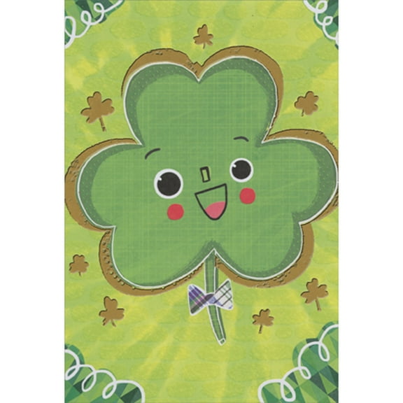 Designer Greetings Gold Foil Trimmed Smiley Face Shamrock with Bow Tie Package of 8 Juvenile St. Patrick's Day Cards for Kids