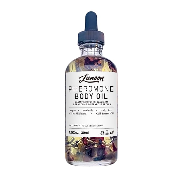 Aceite corporal de feromonas orgánico, prensado en frío, calmante e hidratante para cabello, piel y uñas, con jazmín, orquídea, ámbar negro, aciano y pétalos de rosa - 30 ml / 1 oz
