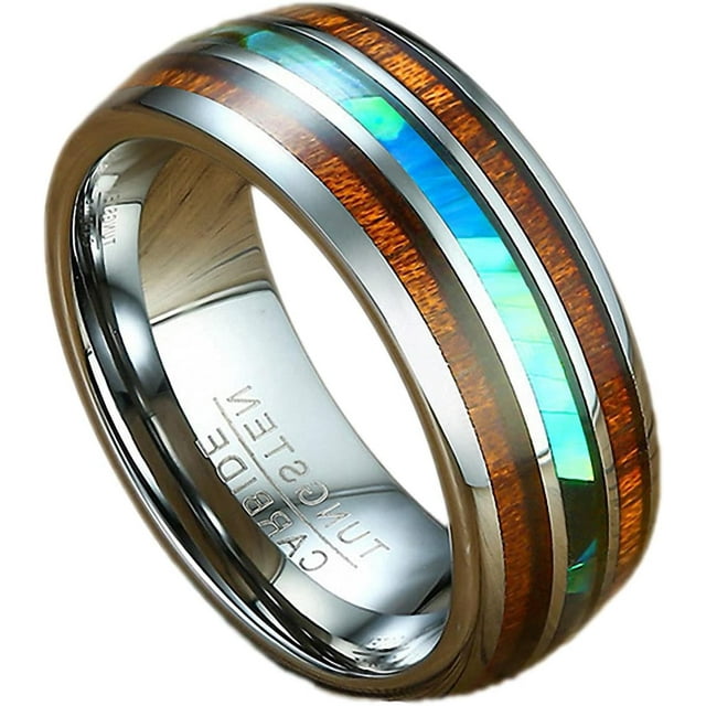 GHSDFBB 8 mm Silvery Stainless Steel Rings Inlay Hawaiian Koa Wood and Abalone Shell Wedding Band Men's Jewelry