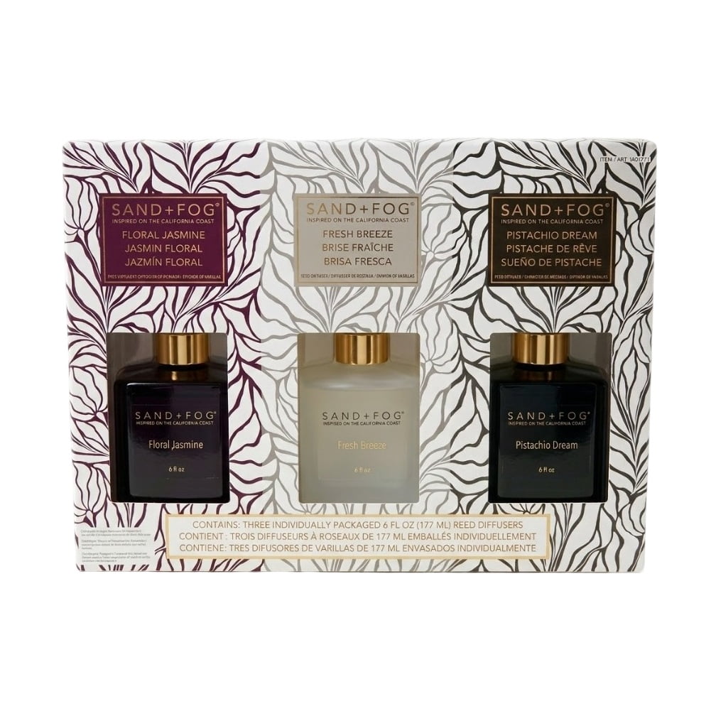 Sand + Fog Reed Diffuser Set Variety, 6 Fluid Ounce - Floral Jasmine, Fresh Breeze, Pistachio Dream (15 Reeds Included)
