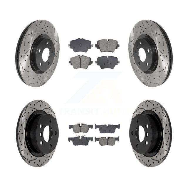 Transit Auto Front Rear Coated Drilled Slotted Disc Brake Rotors and Semi-Metallic Pads Kit for Car Mini Cooper Countryman S ALL4 KDS-100979
