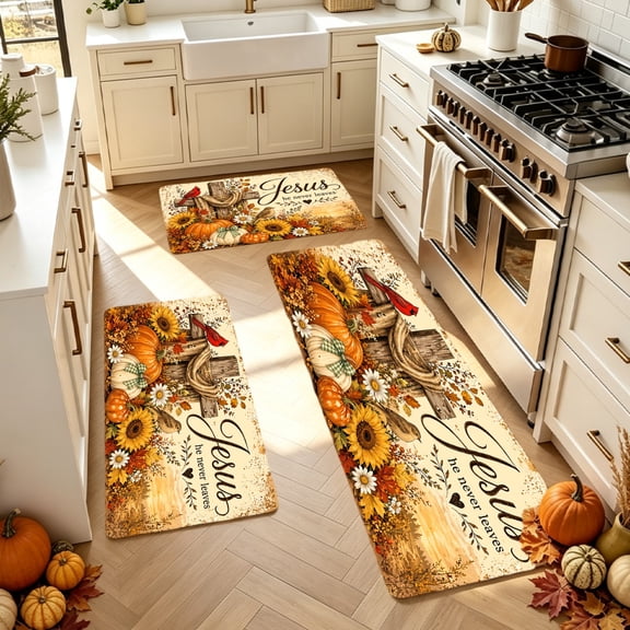 3PCS Kitchen Rugs, Home Decoration for Front Door, Kitchen, Bathroom, Autumn Pumpkins Sunflowers Jesus The Never Fails Kitchen Rug Set Dining Mat, Kitchen Decoration for Autumn Thanksgiving.