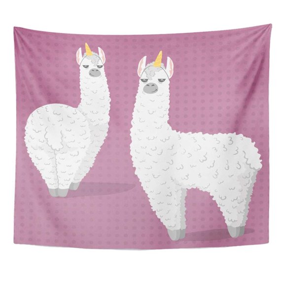 ZEALGNED Peru Cute Cartoon Lama Alpaca with Unicorn Horn Polka Dot Unique Design Wall Art Hanging Tapestry Home Decor for Living Room Bedroom Dorm 51x60 inch