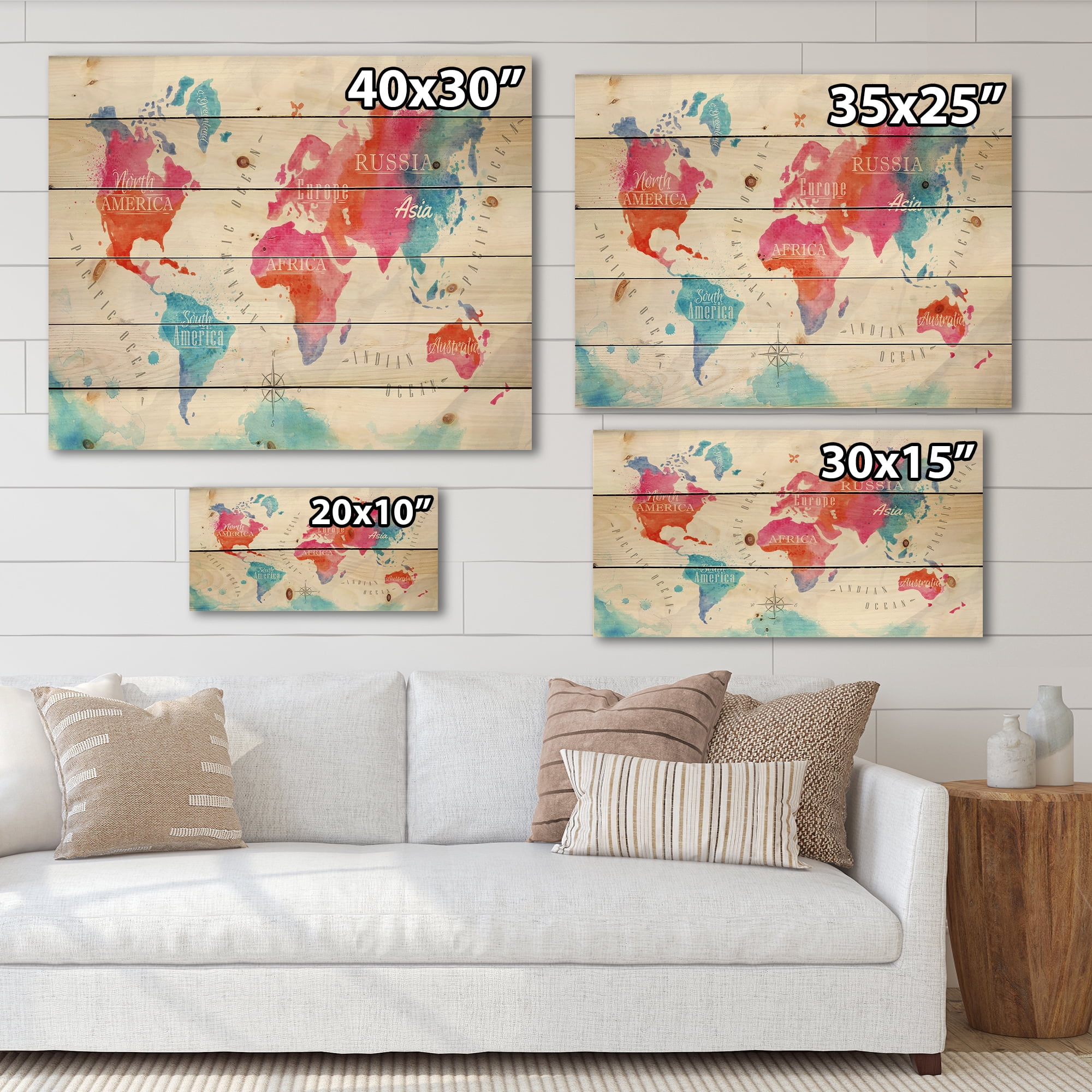 Designart 'World Map In Blue and Pink' Modern Print on Natural Pine Wood