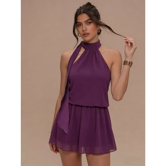 Dresses for Women Sleeveless Purple Halter Neck Chiffon Dress A Line Casual Tunic Dresses