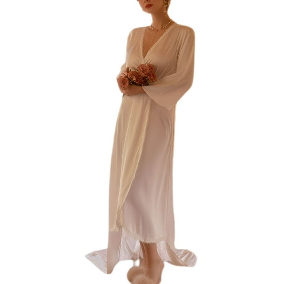 SWSMCLT Women's Sexy Robe Summer Pjs Long House Holiday Pajamas Luxury Soft Comfy Lace See Through Spring Bride White Small
