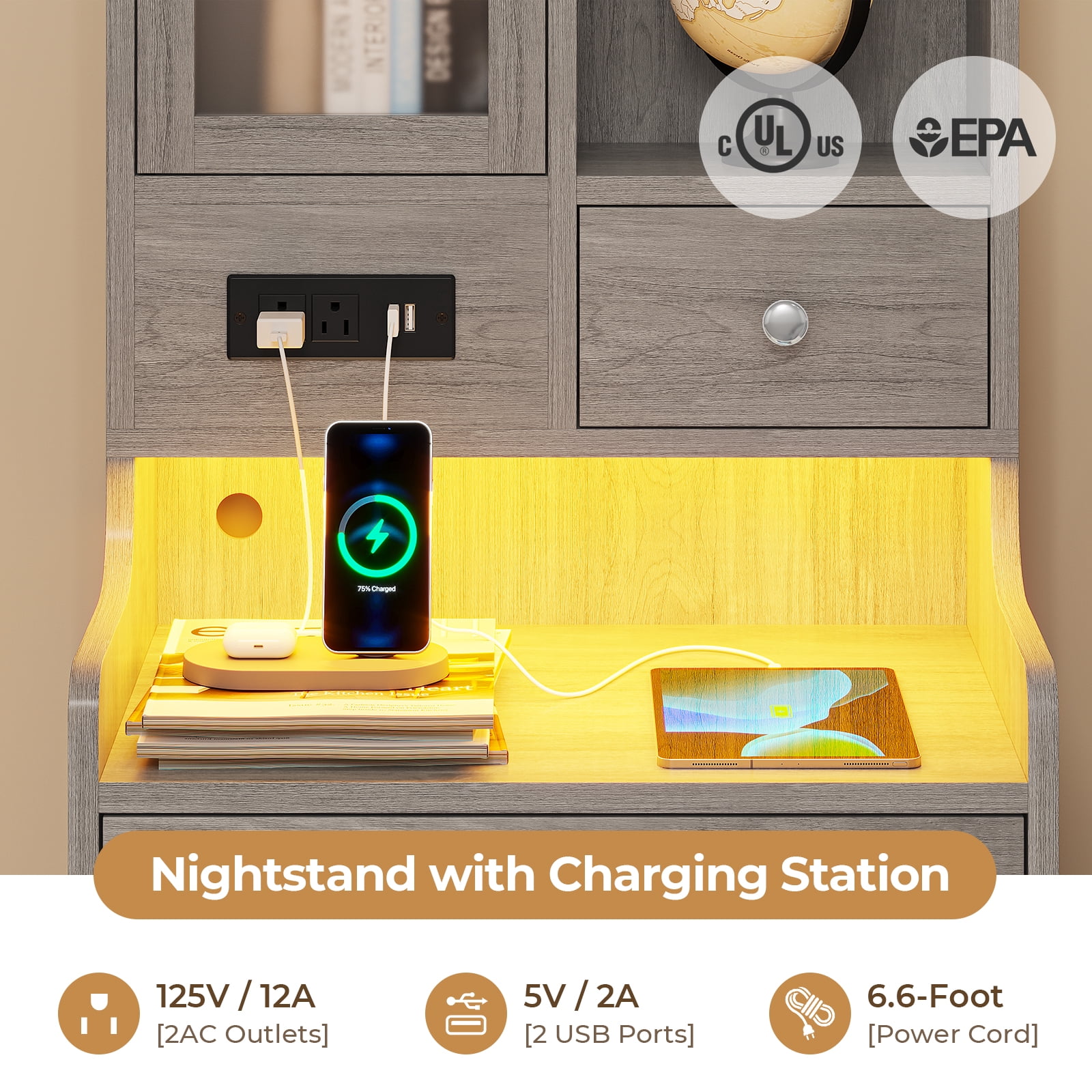 Afuhokles Tall Nightstand Set of 2 with Charging Station for Bedroom, Bedside Table with 4 Drawers, LED Night Stand with Bookshelf, Gray