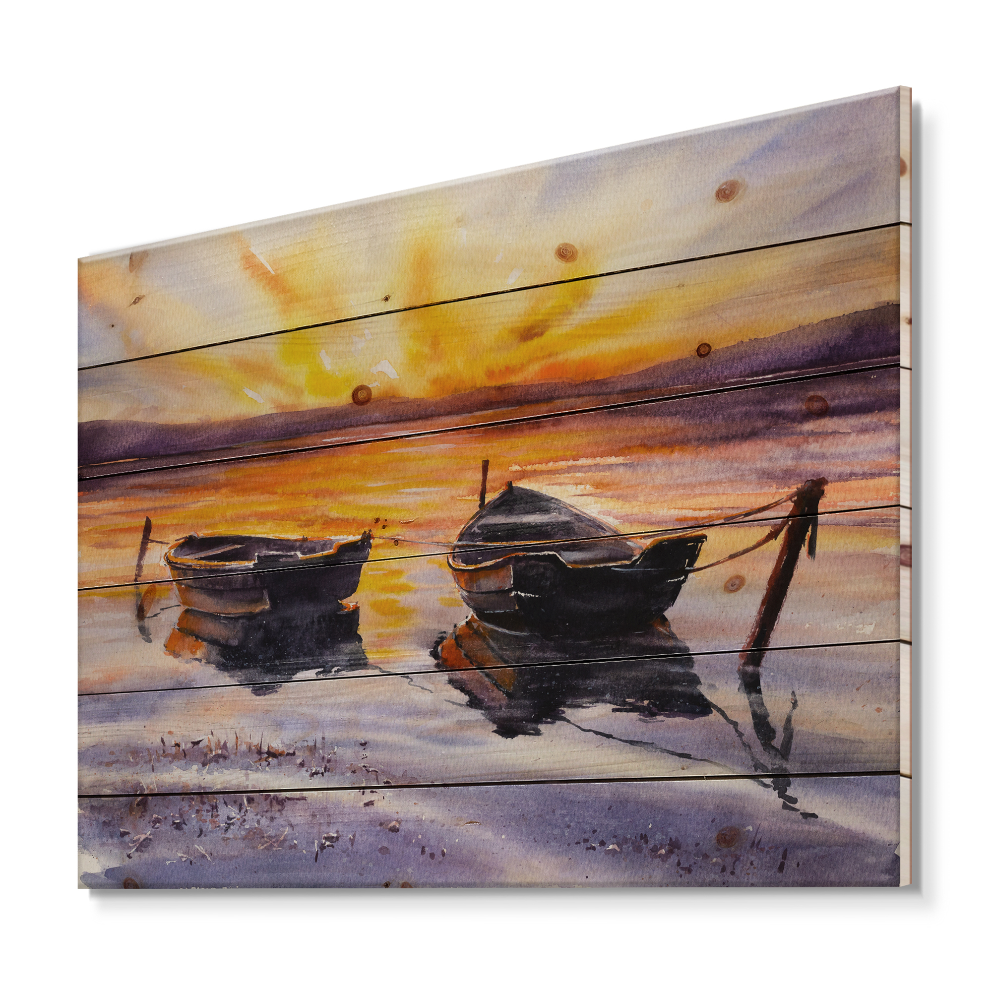 Designart 'Two Small Boats Parking On The Shore and Sunset' Lake House Print on Natural Pine Wood