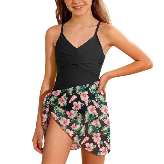 Liyamei Girls Two Piece Swimwear Bikini Top With Adjustable Drawstring And Floral Print Mesh Cover Up Size 9-10 Y