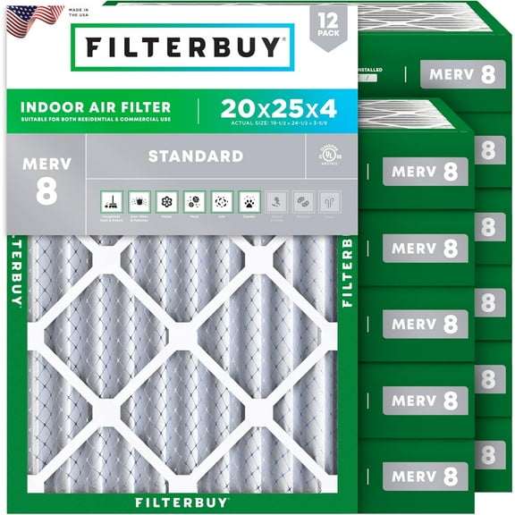 Filterbuy 20x25x4 Air Filter MERV 8 Dust Defense, Pleated HVAC AC Furnace Filter Replacement, 12-Pack