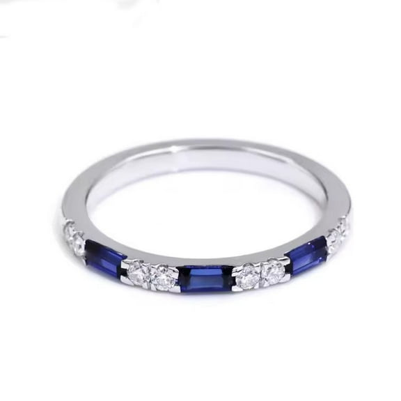 Elegant 4x2 Baguette Lab-Created Blue Sapphire & Diamond Half Eternity Wedding Band in 925 Sterling Silver - Classic Anniversary Ring with Timeless Sparkle and Superior Craftsmanship