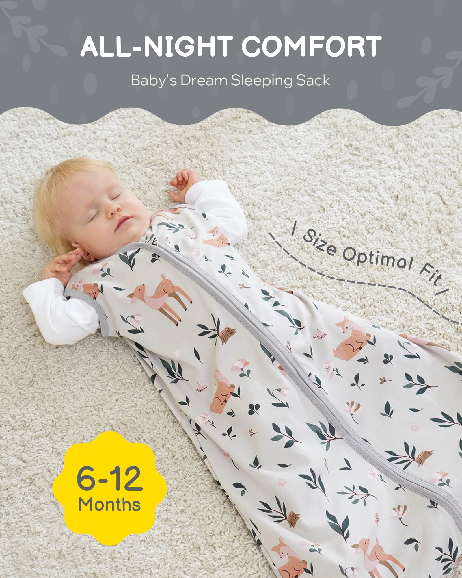 Baby Sleep Sack 18-24 Months, 100% Organic Cotton Wearable Blanket for Babies, 2-Way Zipper TOG 0.5 Lightweight Breathable Baby Sleeping Bag, 4 Sizes-XL Cotton&Fawn&Grey