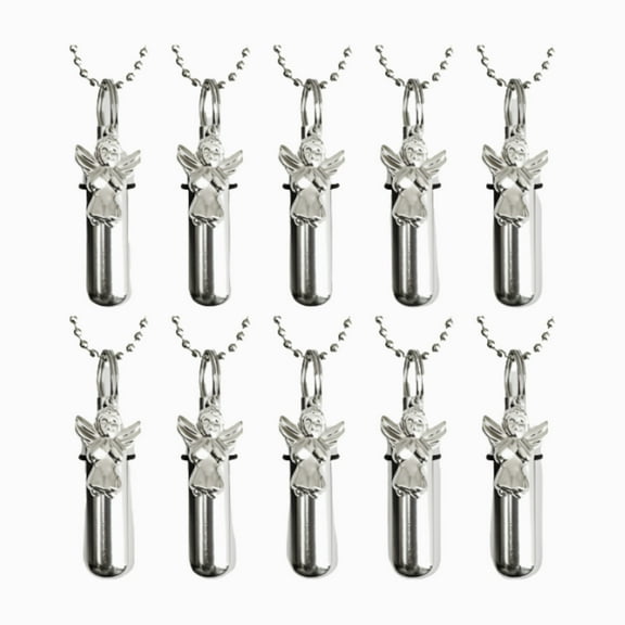 Lovely Set of TEN - Silver PRAYING ANGEL Personal CREMATION URN Keepsakes with Laser ENGRAVED HEART, 10 Ball-Chains, 10 Velvet Pouches and Fill Kit