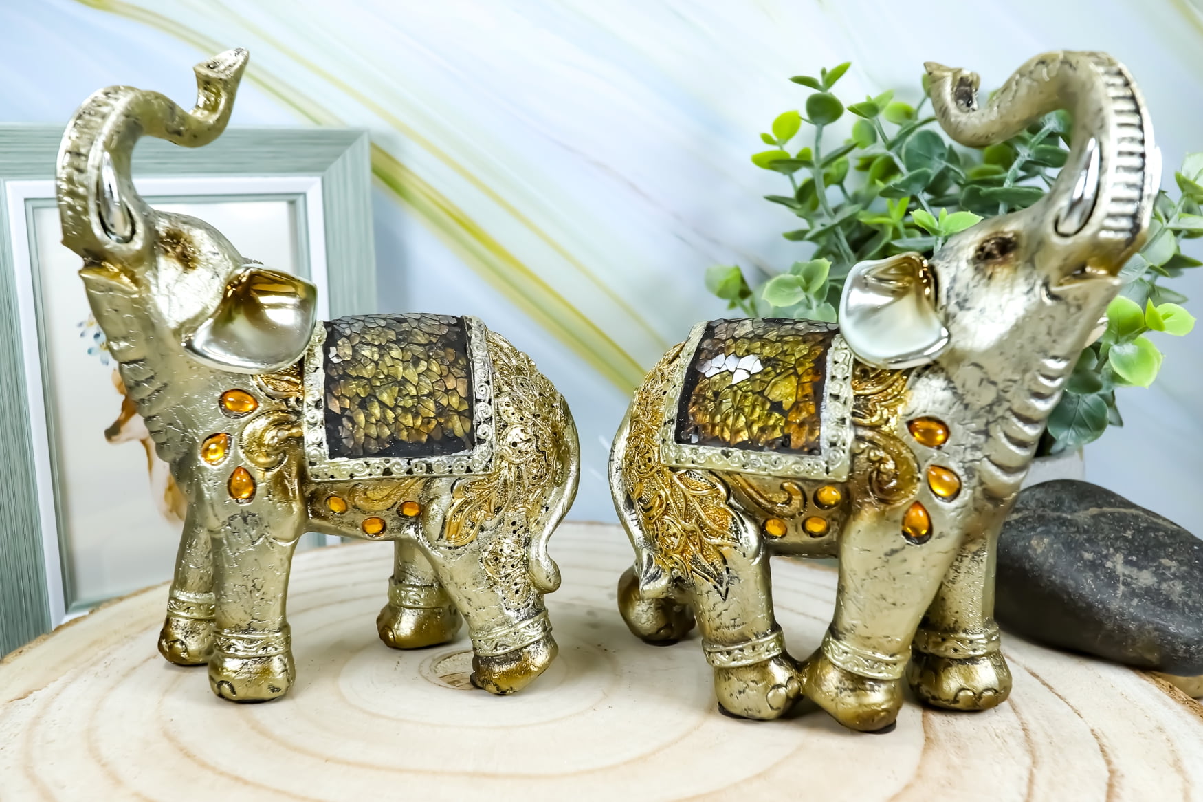 Ebros Bejeweled Mosaic Feng Shui Elephant With Trunk Up Statue 6"Tall