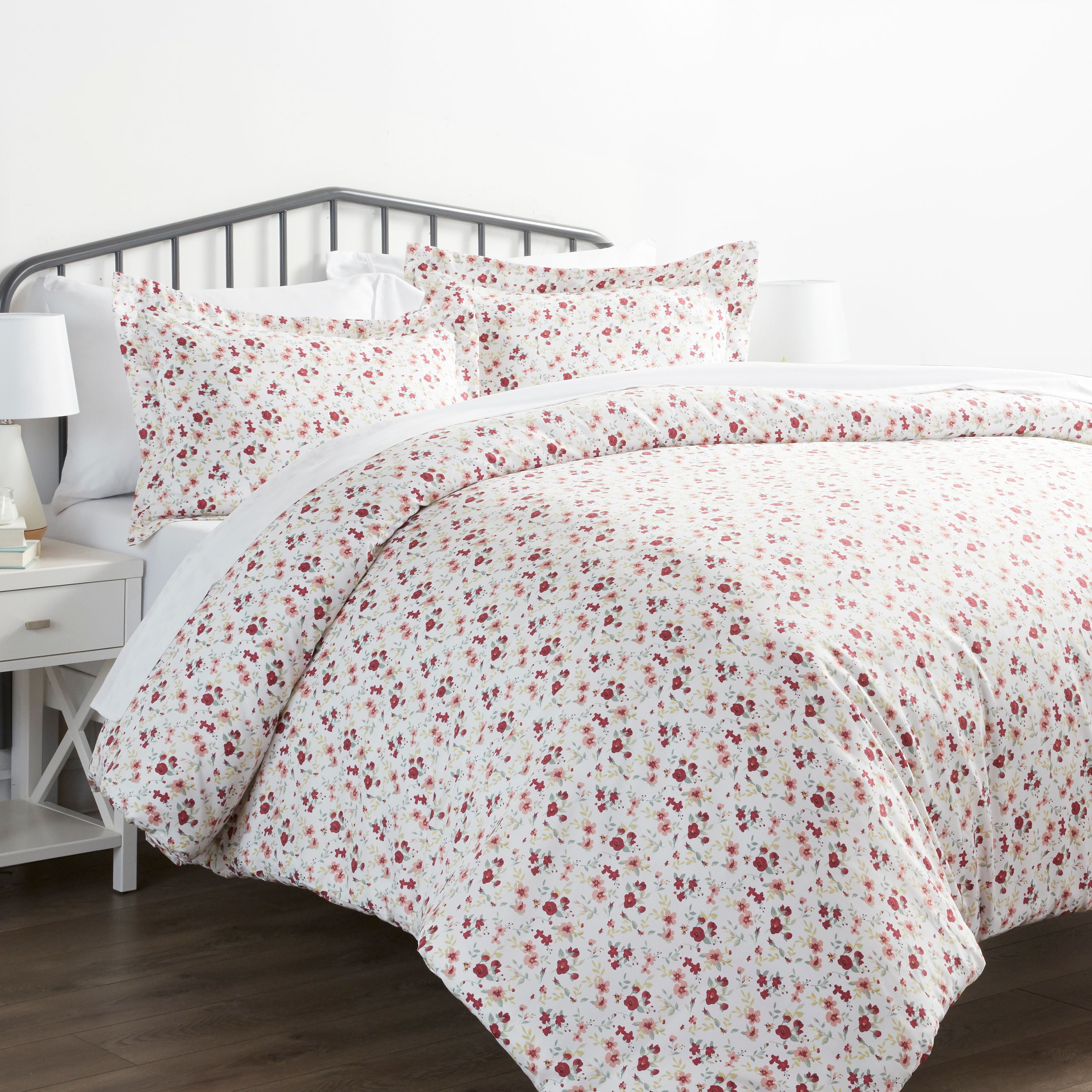 Noble Linens Pink Blossoms Print Duvet Set 3-Piece Duvet Cover Set, Full/Queen