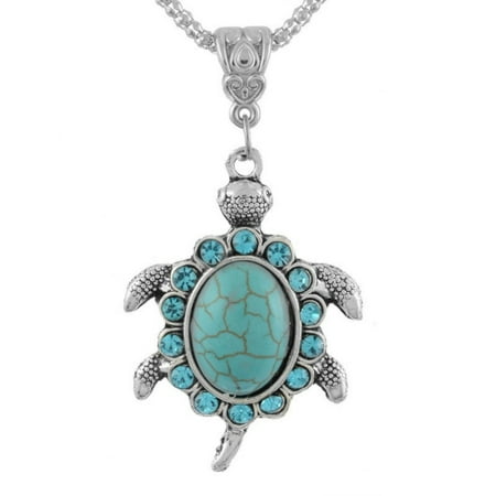 - Turtle Necklace Anti-Tarnish Antique Silver Tone Blue Crystal Tortoise Jewelry, J-393-N