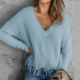 thumbnail image 2 of UJNDER Loose Casual V Neck Pullover Sweater for Women Hem Fringe Solid Color Knit Fall Light Blue S, 2 of 6