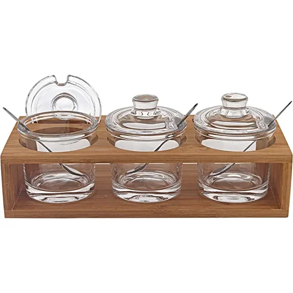 Glass Jam Set With 3 Glass Jars and Spoons on a Wood Stand