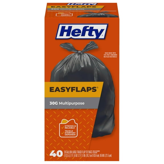 Hefty Easy Flaps Multipurpose Large Trash BSL1 Bags, 30 Gallon, 40 Count