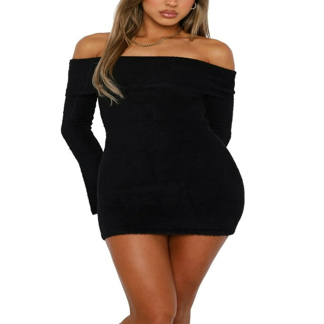 Women Long Sleeve Bodycon Dress Solid Color Off-Shoulder Party Dress