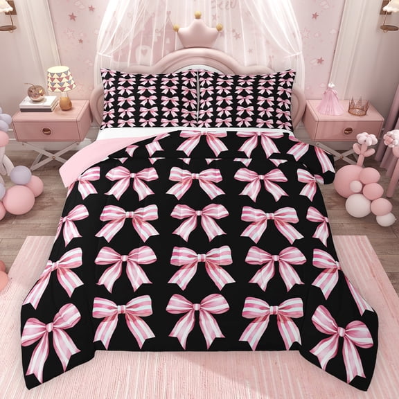 Feelyou Black Pink Bow Full Size Comforter Sets, Fashion Cartoon Ribbon Bedding Sets, 3pcs