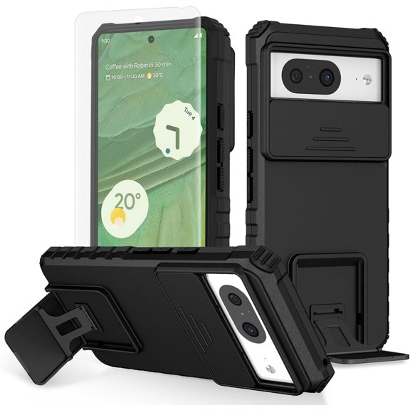 for Google Pixel 8 Phone Case with Tempered Glass Screen Protector Slide Camera Lens Kickstand Military-Grade Bumpers Shockproof Protective Cover for Women Men Girls Black