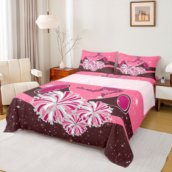 Castle Fairy Girly Dreamy Dance Twin Sheet Sets 3pcs for Kids Teens,Bling Glitter Twin Fitted Sheet Microfiber,Cheer Theme Breathable Flat Sheet,Breathable Home Decor