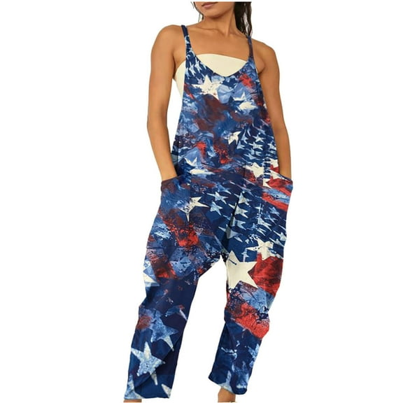 Wycnly Womens Jumpsuits Plus Size Pocket Spaghetti Strap 4th of July Patriotic Long Jumpsuits Trendy Independece Day Graphics V-Neck Sleeveless Maxi Summer Rompers Dark Blue s