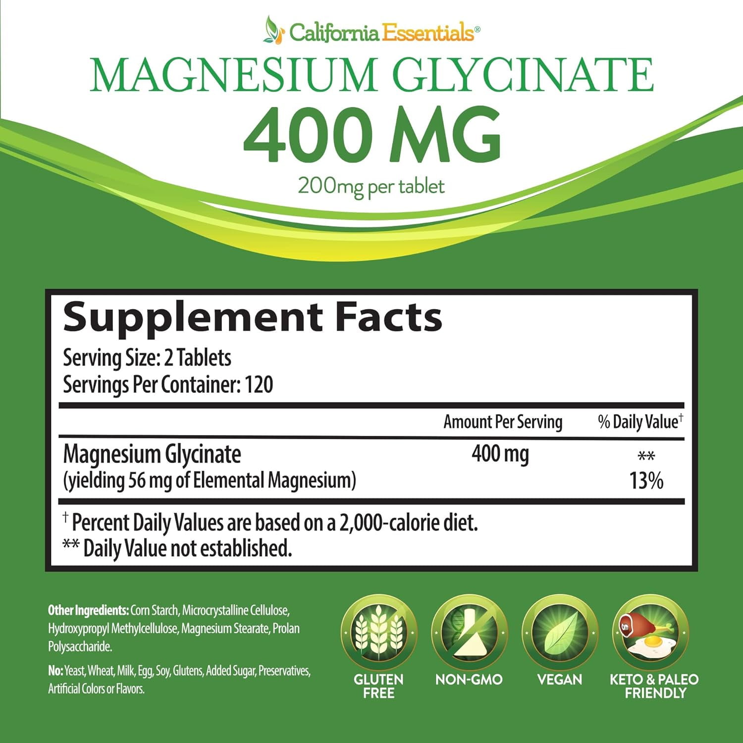 California Essentials Magnesium Glycinate 400 mg - Supports Muscle Relaxation, Bone Health & Stress Relief - Vegan Dietary Supplement (240 Tablets)