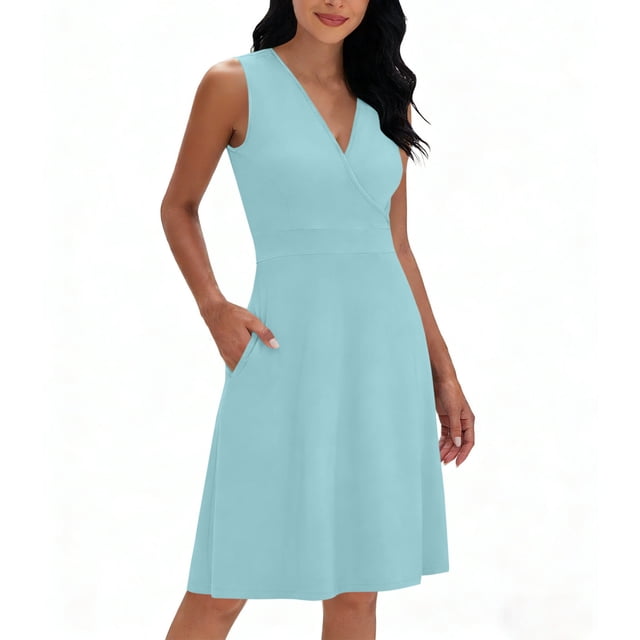 Floleo Robe Femme Col en V Couleur Unie Taille Nouée Confortable Respirante A un Tempérament un Vêtement Incontournable pour les Rendez-Vous de Fin de Semaine et le Travail de Bureau (Bleu Clair, G)