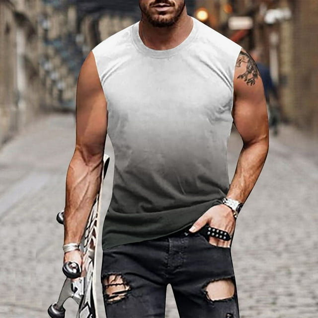 DPTALR Débardeur Sans Manches Dégradé pour Homme, Coupe Régulière, Imprimé Non Positionné, Chandail à Col Rond, T-shirt Sans Manches, Débardeur de Sport Décontracté