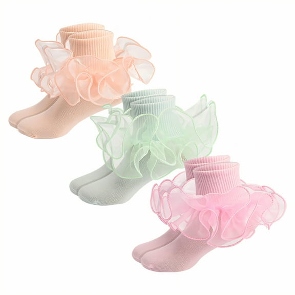 TELOLY 3Pairs Kids Socks,6-8 Years Old Ruffle Socks,Thin Cotton Socks Lace Socks,Style1,18-20Cm
