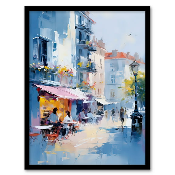 Cafe Street in Paris Abstract Oil Painting Pastel Colour Blue Pink Morning in the City Elegant Artwork Art Print Framed Poster Wall Decor 12x16 inch