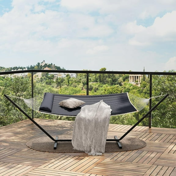 Aoile Double Hammock with Foldable Steel Stand, 2-Person Outdoor Hammock with Pillow, 450LB Capacity, for Garden & Camping