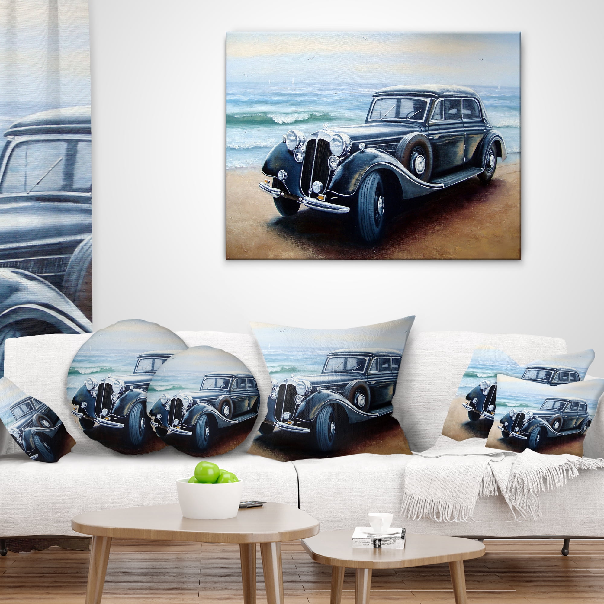 Designart Retro Car on Sea Shore - Car Throw Pillow - 12x20