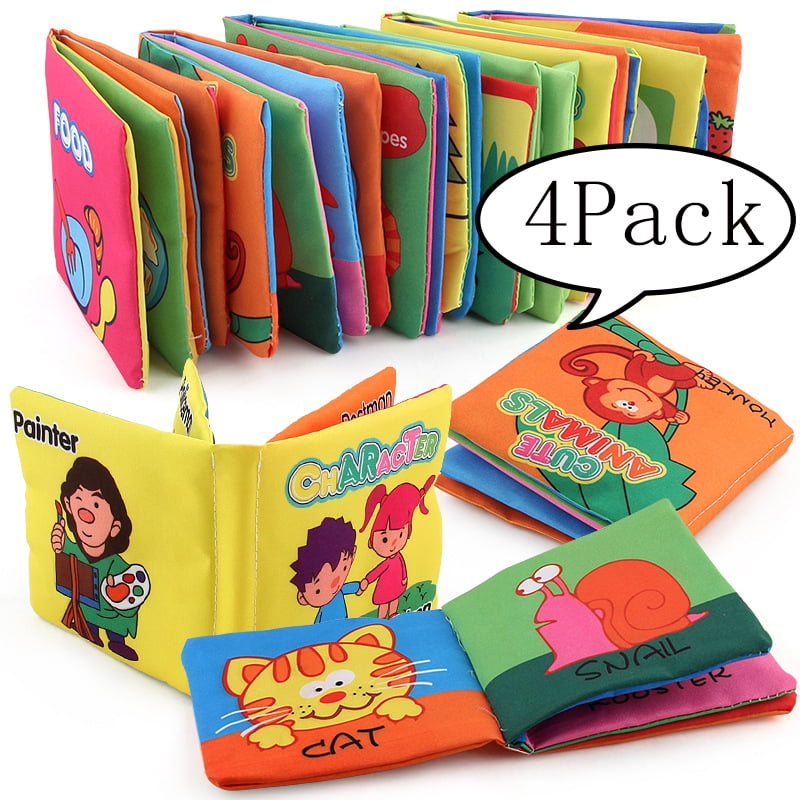 4 Types Fabric Book Set Soft Cloth Activity Crinkle Non-Toxic Early Education Fo 